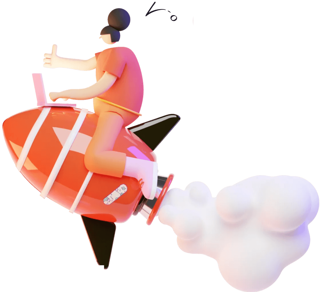 Illustration of woman flying a rocket with laptop