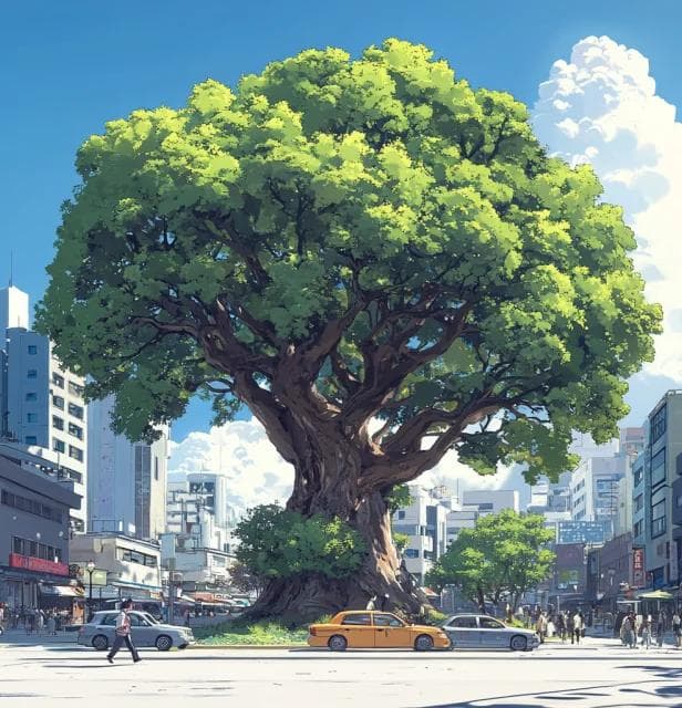 Illustration of a large tree in the center of the city